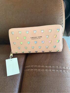 Forever Young Peach Wallet with Holographic Hearts